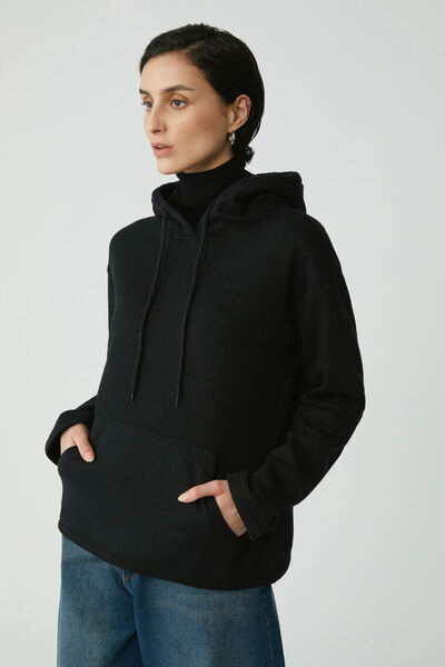 ETHIQUET Piper Γυναικεία Fleece Inside Soft Comfort Fit Hooded Kangaroo Pocket Μαύρο φούτερ