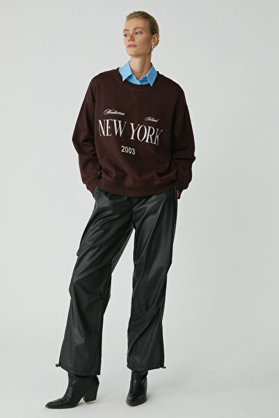 ETHIQUET Modest Petrabb Kadın Içi Polarlı Yumuşacık Comfort Önü Nakışlı Örme Bordo Büyük Beden Sweatshi