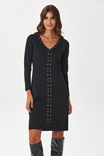 İKİLER V Yaka Kuşgözü ve Çıtçıt Detaylı Elbise 245-2506