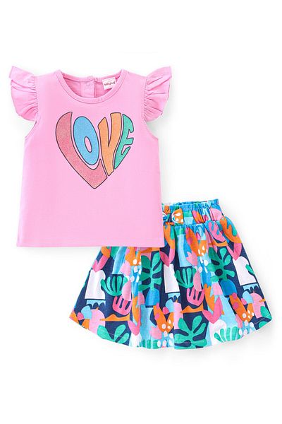 Babyhug Babyhug Single Jersey Knit Frill Sleeves Top & Skirt Set Text & Leaf Print - Pink & Multicolor