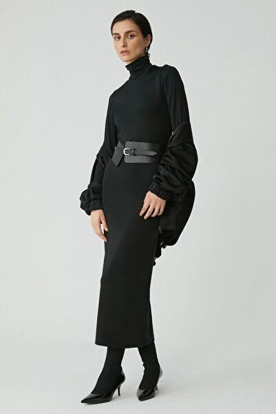 ETHIQUET Modest Katjabb Kadın Slim Fit Dar Kesim Vücudu Saran Dik Yaka Midi Boy Siyah Büyük Beden Elbise