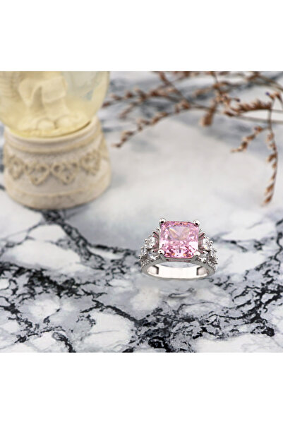 Silveranka 925 Ayar Gümüş Pembe Elmas Kesim Kare Taşlı Yüzük