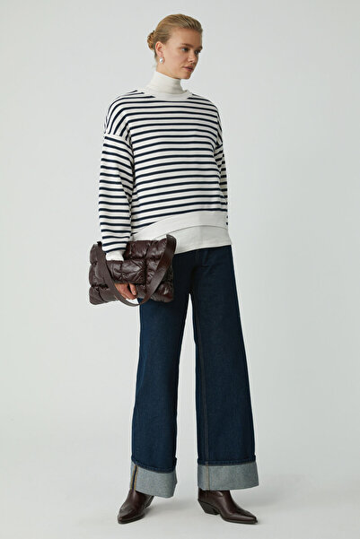 ETHIQUET Sahra Γυναικείο φούτερ από βαμβακερό φλις με μαλακό oversized στρογγυλό λαιμόκοψη σε μπλε ναυτικό / εκρού