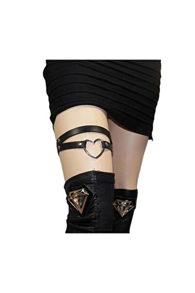 Karakedi Heart Detail Black Faux Leather Double Leg Choker
