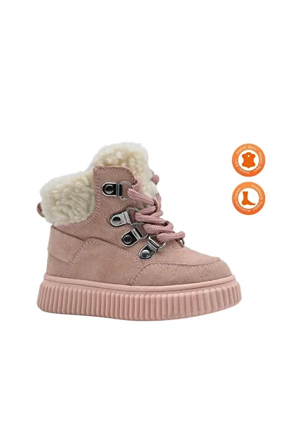 kids A more Dinos Plush Fur Collar Detailed Lace Up and Zippered Leather Girl's Boots Powder