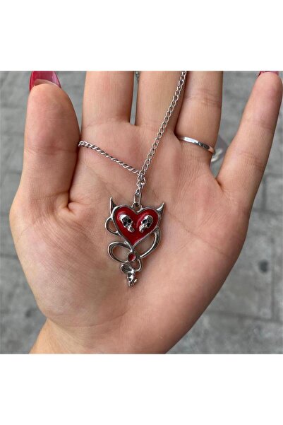 Karakedi Harajuku Skulls in Devil Heart Red Chain Necklace