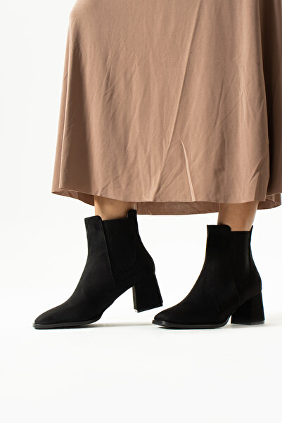 Güllü Shoes Siyah Süet Yandan Bantlı Su Geçirmez Topuklu Kışlık Bot - Kadın Sıcak Tutan Konforlu Bot Modelleri