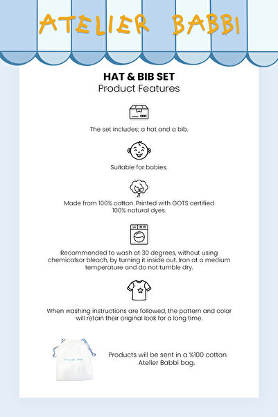 Atelier Babbi 100% Cotton Newborn Bib & Hat Set - Picnic