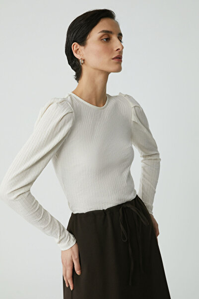 ETHIQUET Lorrıe Γυναικεία πλεκτή μπλούζα εκρού με στρογγυλή λαιμόκοψη με μπαλόνι