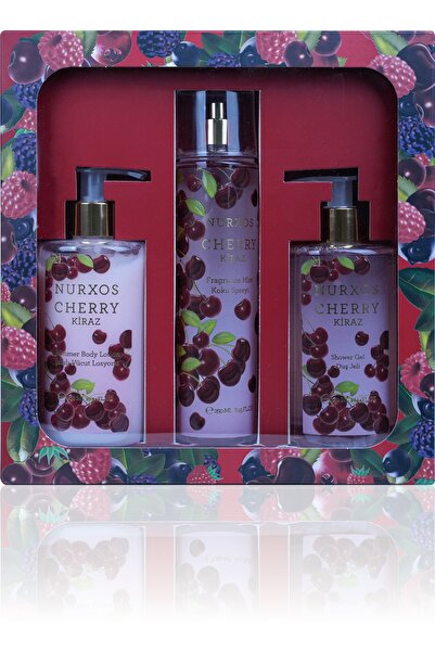 nurxos 9887 Cherry Kiraz Hediyelik Kutulu 3'lü Set Vücut Spreyi & Losyon & Du...