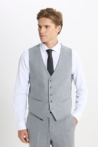 ALTINYILDIZ CLASSICS Men's Gray Wool Slim Fit Slim Fit Mono Collar Print Vest Suit