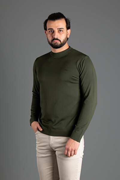 ZEKİ ÖZER Men's Khaki Half-Necked Knitted Sweater