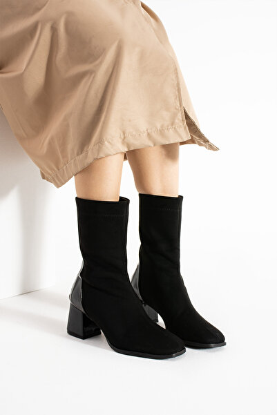 Güllü Shoes Kadın Siyah Süet Deri Detaylı Su Geçirmez Topuklu Kışlık Bot - Sıcak Tutan ve Konforlu Model