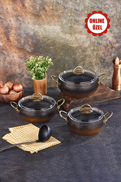 LAVONNI 6 Parça Granit 3 lü Tencere Seti Siyah-Gold (18-20-22 cm )