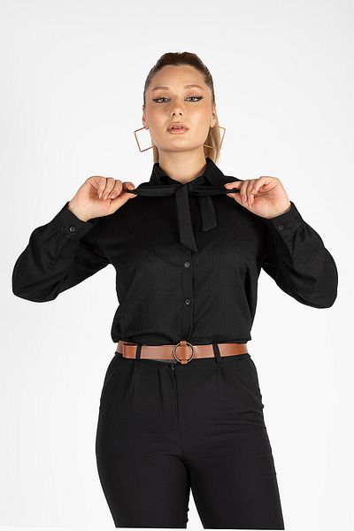 Giyim Dünyası Cămașă neagră de damă - Design cu cravată