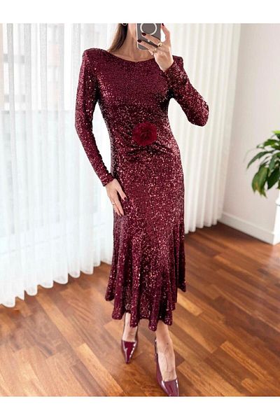 Maldia Shop Rochie de damă Midi Burgundy cu accesorii trandafiri cu paiete