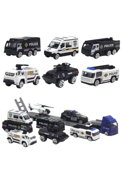 SmartFox Toy Car Set - 9 Pieces - Metal Police Vehicles and Carrier Truck