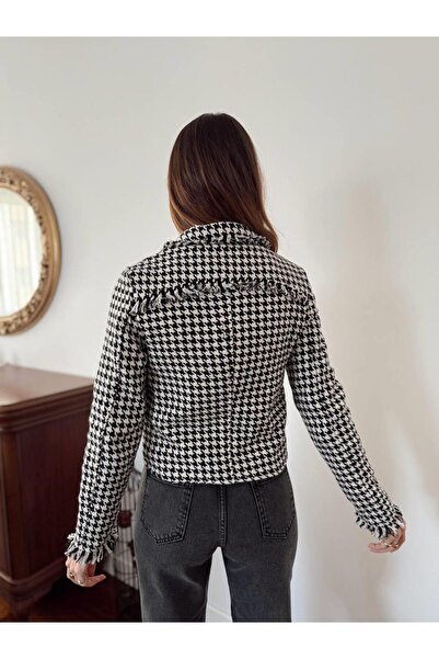 Maldia Shop Women's Zippered Tweed Fabric Houndstooth Bomber Jacket