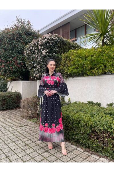 jennyfer garment ATLAS KUMAŞ GÜL VE PUANTİYE DETAYLI ELBİSE