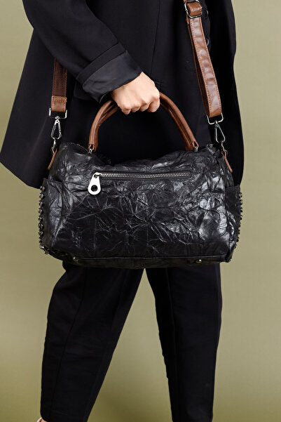 Getcho Yasur Women's Black Chain Detailed Pu Leather Large Volume Stylish Multi-Compartment Shoulder and Hand Bag