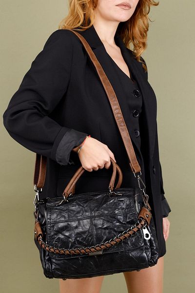 Getcho Veznar Women's Black Chain Detailed Vintage Leather Hand Shoulder Bag Replacement Strap Wide Cover Daily Model