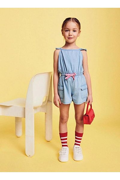 United Colors of Benetton Girl's Open Denim Waist Elastic Ruffle Strap Front Bow Salopet