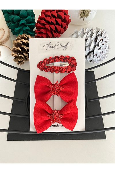Trend Toka Glitter Sequined New Year's New Year's Special Design Red Bow 3-Piece Buckle Set