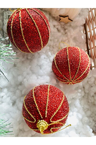 Derin Düşler Christmas Pine Tree Red Gold Chain Ball - 8 cm 3 Pack Cici Ball