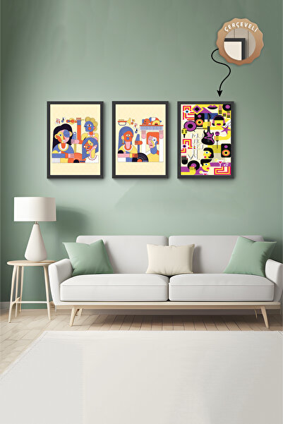 wudie Pictură decorativă din 3 piese, cu cadru din lemn, pictură abstractă, p...