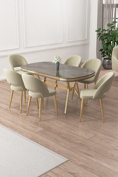 Canisa Jita Serisi 90x168 Lak Panel Antrasit İroni Gold Ayak Masa Takımı ve 6 Krem Sandalye