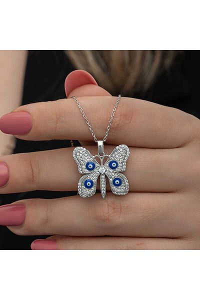 Skygo Butterfly Patterned Silver Evil Eye Women's Necklace