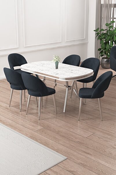 Canisa Jita Serisi 90x168 Lak Panel Beyaz Mermer Desen Krom Ayak Masa Takımı ...