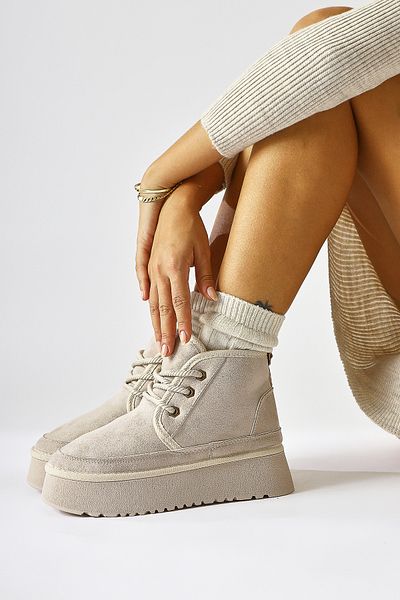 Limoya Maricris Beige Suede Χοντρή σόλα με κορδόνια μισές γυναικείες μπότες, γυναικεία μποτάκια