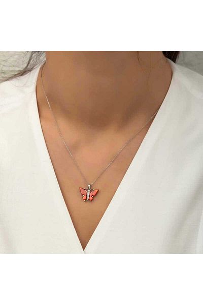 Skygo Silver Red Tiger Eye Jewelled Butterfly Necklace