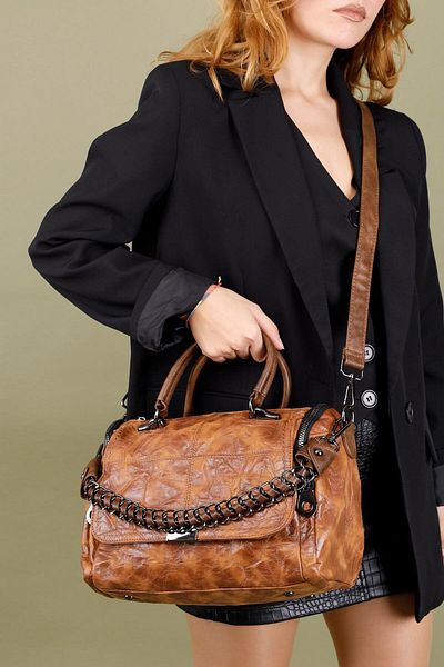 Getcho Veznar Women's Coffee Chain Detailed Vintage Leather Hand Shoulder Bag Replacement Strap Wide Cover Daily Model