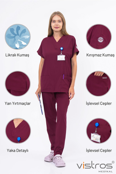 Vistros Medikal Unisex Bordo Doktor Hemşire Forması Medikal Forma Cerrahi Takım Likralı Kumaş V-002