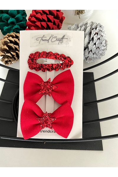 Trend Toka Glitter Sequined New Year's New Year's Special Design Red Bow 3-Piece Buckle Set
