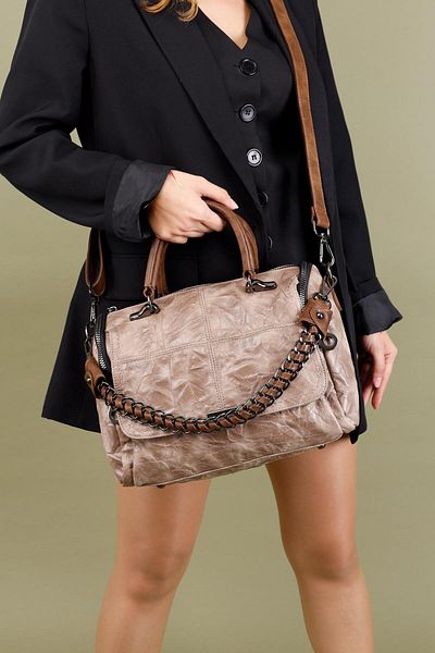 Getcho Veznar Women's Mink Chain Detailed Vintage Leather Hand Shoulder Bag Replacement Strap Wide Cover Daily Model