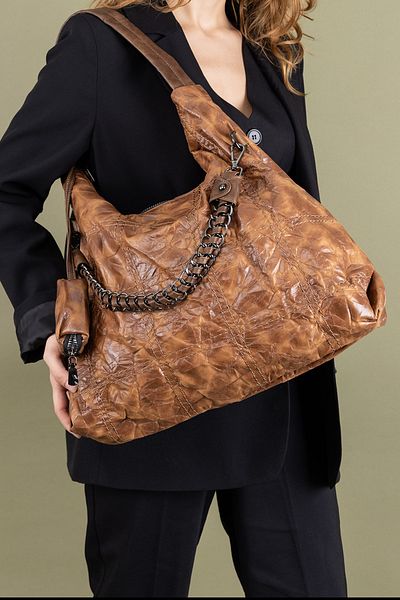 Getcho Major Brown Chain Detailed Large Women's Shoulder Bag - Lightweight and Multi-Compartment Design, Daily Bag