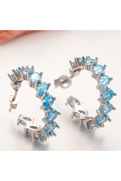 Skygo Drop Studded and Aquamarine Stone Silver Women's Earrings