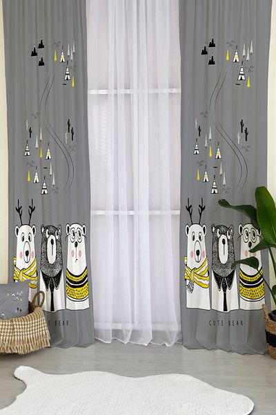 Lolla Yellow Scarf Bears Gray Background Curtain 149