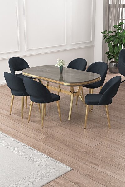 Canisa Jita Serisi 90x168 Lak Panel Antrasit İroni Gold Ayak Masa Takımı ve 6...