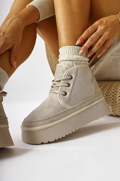Limoya Maricris Beige Suede Χοντρή σόλα με κορδόνια μισές γυναικείες μπότες, γυναικεία μποτάκια