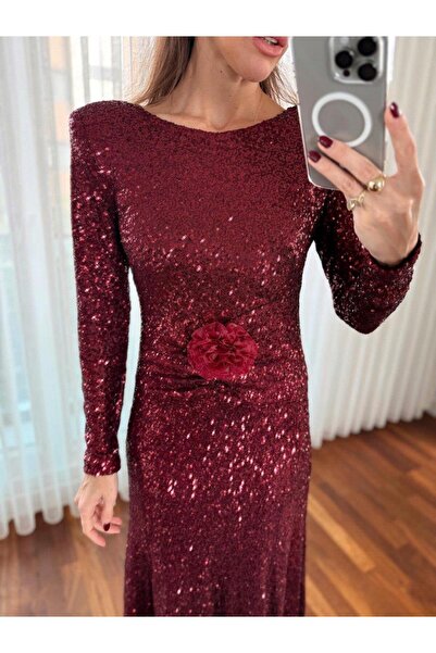 Maldia Shop Kadın Pullu Gül Aksesuarlı Midi Bordo Elbise