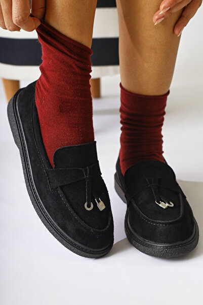 Limoya Francina Black Suede Accessory Tassel Detailed Women's Casual Shoes Opportunity Product