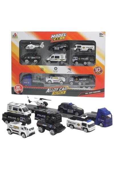 SmartFox Toy Car Set - 9 Pieces - Metal Police Vehicles and Carrier Truck
