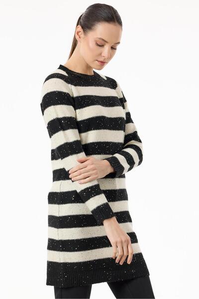 Tığ Triko Sequined Knitwear Tunic Black-White