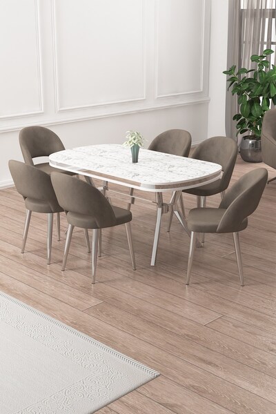 Canisa Jita Serisi 90x168 Lak Panel Beyaz Mermer Desen Krom Ayak Masa Takımı ...