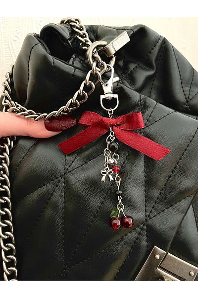 bohemian takı tasarim Burgundy Bow Cherry Christmas Bag Charm