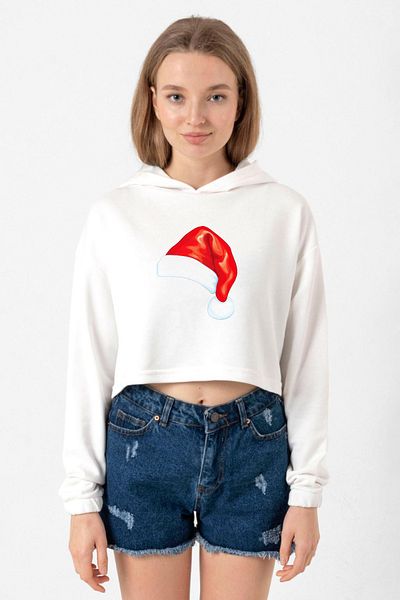 Tshirthane Watercolor Christmas Hat Ecru Women's Crop Hoodie